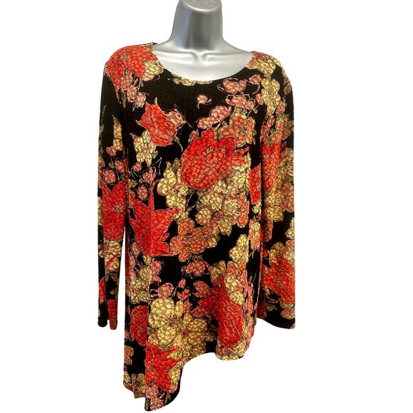 Mirasol Black Stretch Boho Vintage Bright Red Gold Accented Floral Design-Large - Picture 1 of 11